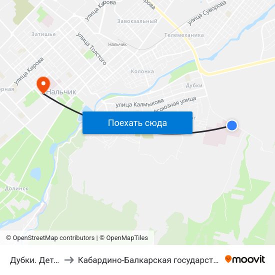 Дубки. Детская Поликлиника №2 to Кабардино-Балкарская государственная сельскохозяйственная академия имени В.М. Кокова. map