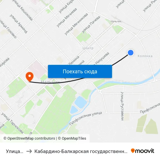 Улица Вологирова to Кабардино-Балкарская государственная сельскохозяйственная академия имени В.М. Кокова. map