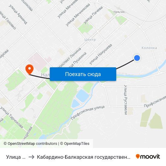 Улица Маяковского to Кабардино-Балкарская государственная сельскохозяйственная академия имени В.М. Кокова. map