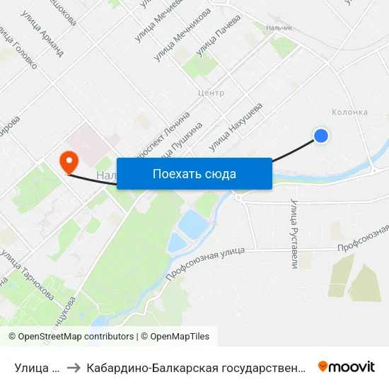 Улица Маяковского to Кабардино-Балкарская государственная сельскохозяйственная академия имени В.М. Кокова. map