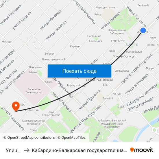 Улица Толстого to Кабардино-Балкарская государственная сельскохозяйственная академия имени В.М. Кокова. map