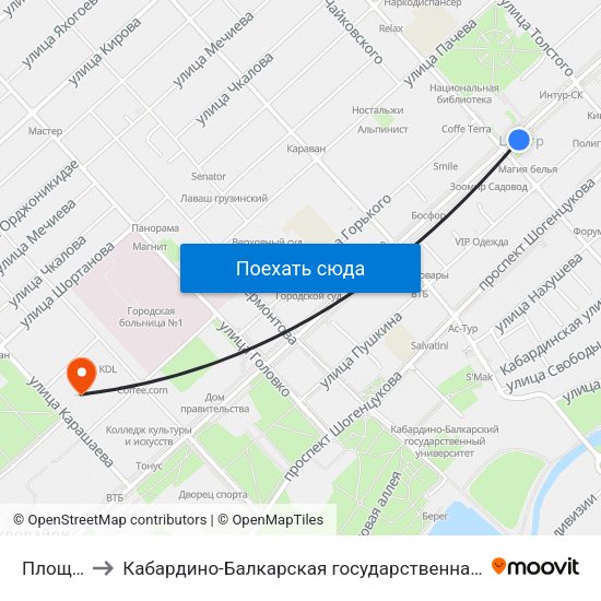 Площадь Марии to Кабардино-Балкарская государственная сельскохозяйственная академия имени В.М. Кокова. map
