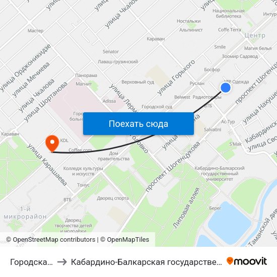 Городская Администрация to Кабардино-Балкарская государственная сельскохозяйственная академия имени В.М. Кокова. map