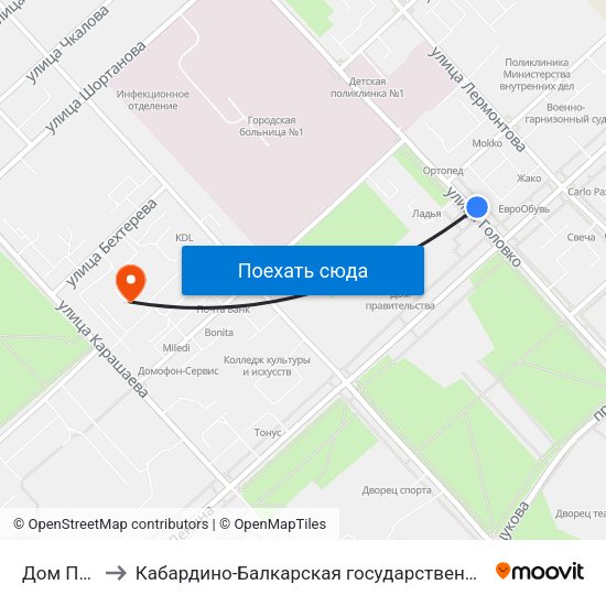 Дом Правительства to Кабардино-Балкарская государственная сельскохозяйственная академия имени В.М. Кокова. map