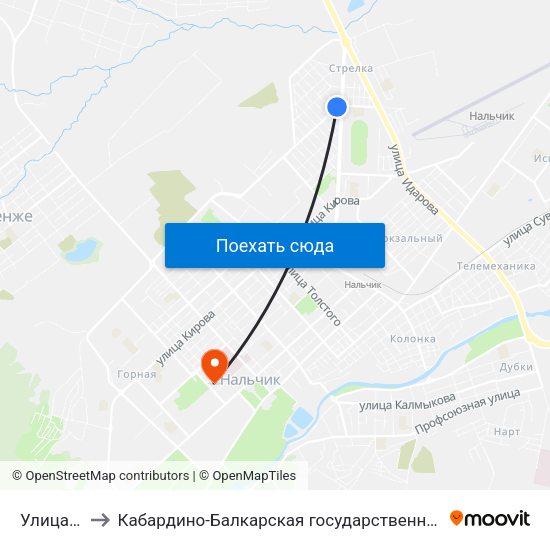 Улица Калюжного to Кабардино-Балкарская государственная сельскохозяйственная академия имени В.М. Кокова. map