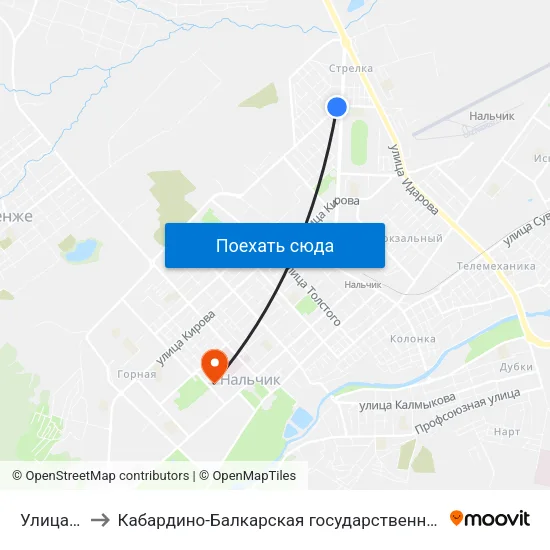 Улица Калюжного to Кабардино-Балкарская государственная сельскохозяйственная академия имени В.М. Кокова. map
