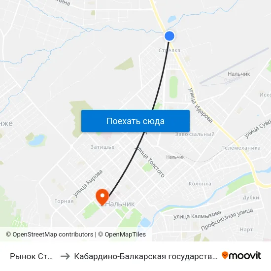 Рынок Стрелка. Первый Въезд to Кабардино-Балкарская государственная сельскохозяйственная академия имени В.М. Кокова. map