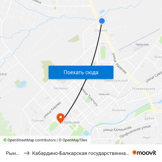 Рынок Стрелка to Кабардино-Балкарская государственная сельскохозяйственная академия имени В.М. Кокова. map