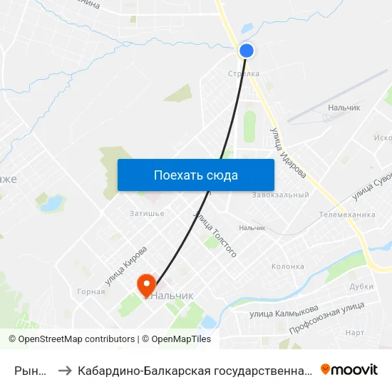 Рынок Стрелка to Кабардино-Балкарская государственная сельскохозяйственная академия имени В.М. Кокова. map