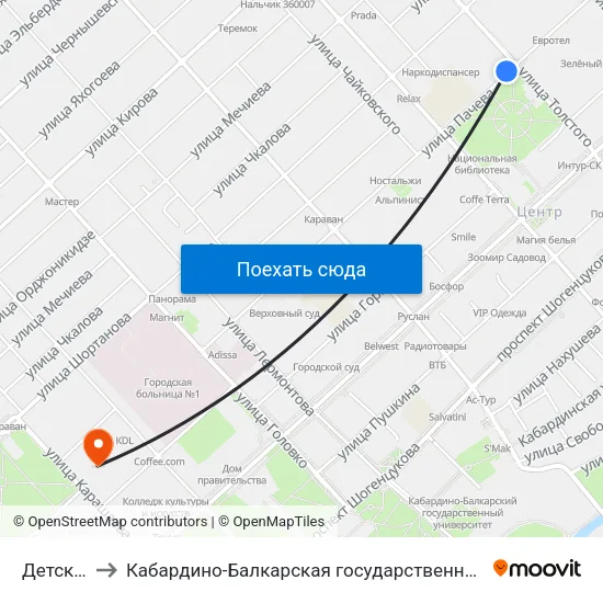 Детский Стадион to Кабардино-Балкарская государственная сельскохозяйственная академия имени В.М. Кокова. map