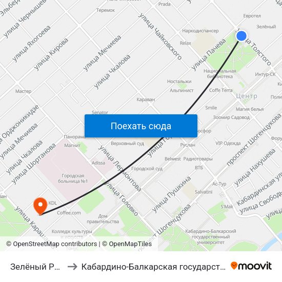 Зелёный Рынок / Сквер 400-Летия to Кабардино-Балкарская государственная сельскохозяйственная академия имени В.М. Кокова. map