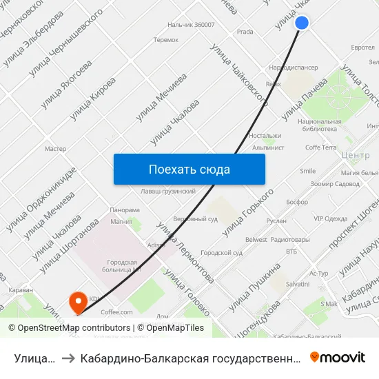 Улица Мечникова to Кабардино-Балкарская государственная сельскохозяйственная академия имени В.М. Кокова. map