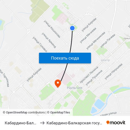 Кабардино-Балкарский Государственный Университет to Кабардино-Балкарская государственная сельскохозяйственная академия имени В.М. Кокова. map
