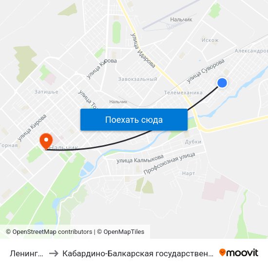 Ленинградская Улица to Кабардино-Балкарская государственная сельскохозяйственная академия имени В.М. Кокова. map