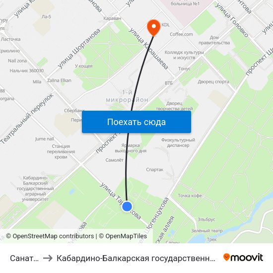 Санаторий Терек to Кабардино-Балкарская государственная сельскохозяйственная академия имени В.М. Кокова. map