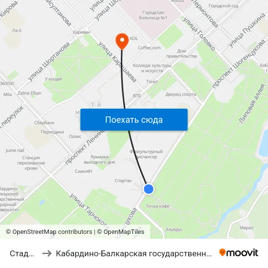 Стадион Спартак to Кабардино-Балкарская государственная сельскохозяйственная академия имени В.М. Кокова. map