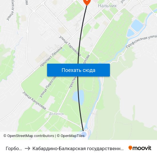 Горбольница №2 to Кабардино-Балкарская государственная сельскохозяйственная академия имени В.М. Кокова. map