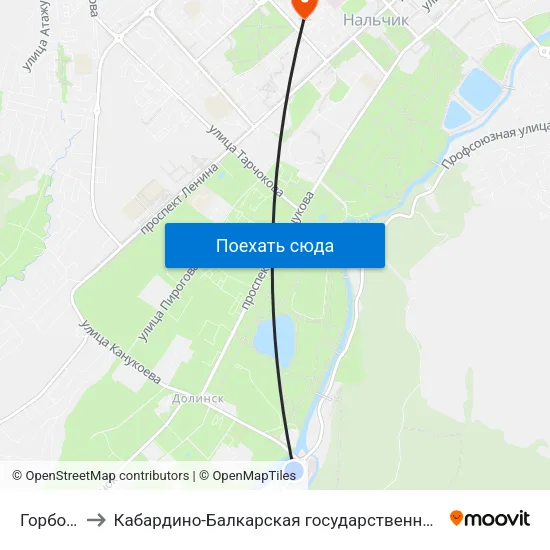 Горбольница №2 to Кабардино-Балкарская государственная сельскохозяйственная академия имени В.М. Кокова. map