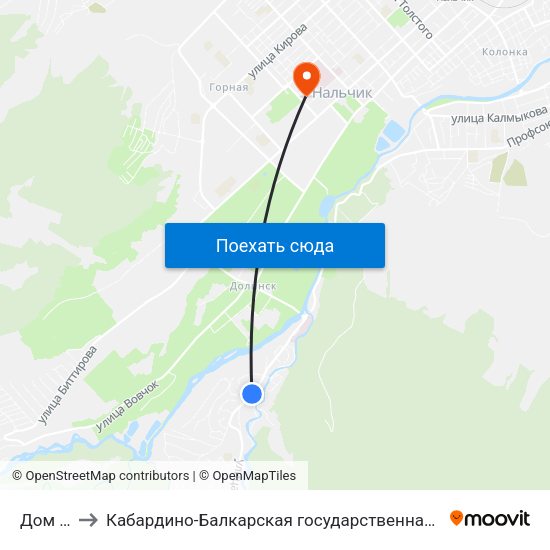 Дом Культуры to Кабардино-Балкарская государственная сельскохозяйственная академия имени В.М. Кокова. map