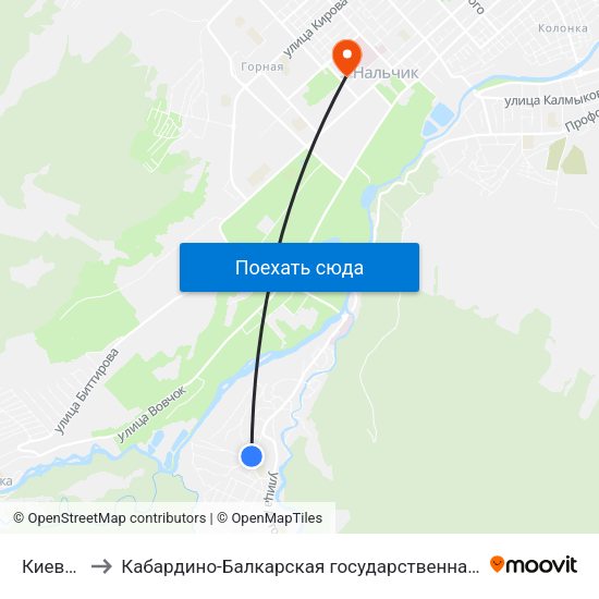 Киевская Улица to Кабардино-Балкарская государственная сельскохозяйственная академия имени В.М. Кокова. map