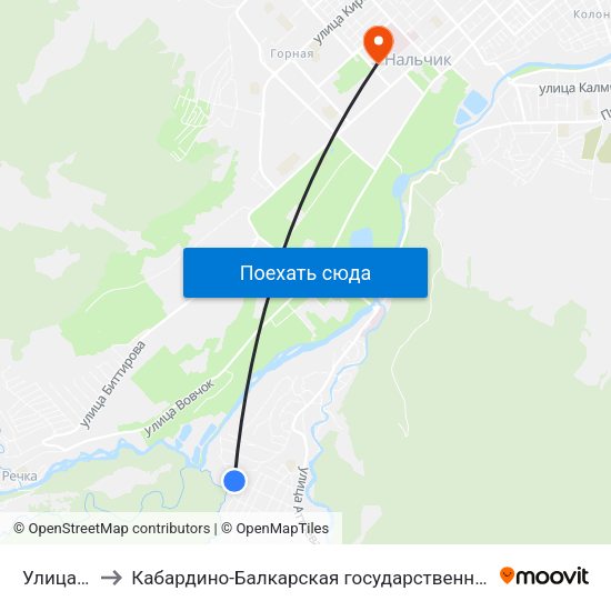 Улица Калабекова to Кабардино-Балкарская государственная сельскохозяйственная академия имени В.М. Кокова. map