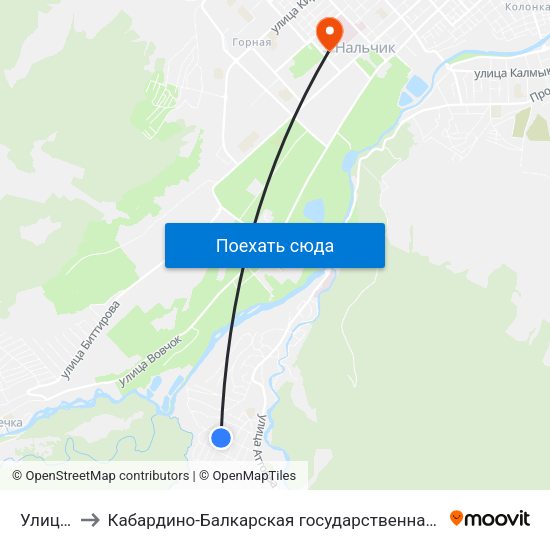 Улица Дружбы to Кабардино-Балкарская государственная сельскохозяйственная академия имени В.М. Кокова. map