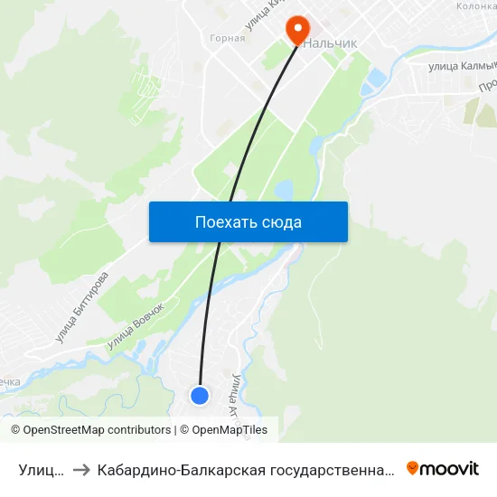 Улица Дружбы to Кабардино-Балкарская государственная сельскохозяйственная академия имени В.М. Кокова. map
