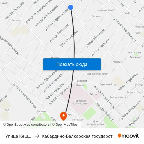 Улица Кешокова / Чернышевского to Кабардино-Балкарская государственная сельскохозяйственная академия имени В.М. Кокова. map