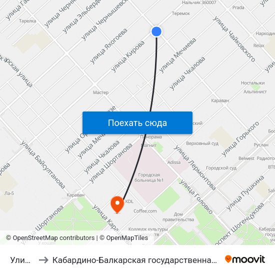 Улица Кирова to Кабардино-Балкарская государственная сельскохозяйственная академия имени В.М. Кокова. map