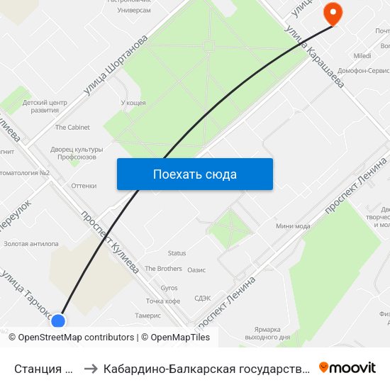 Станция Переливания Крови to Кабардино-Балкарская государственная сельскохозяйственная академия имени В.М. Кокова. map