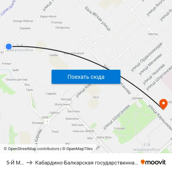 5-Й Микрорайон to Кабардино-Балкарская государственная сельскохозяйственная академия имени В.М. Кокова. map