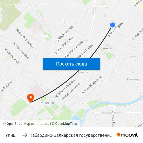 Улица Киримова to Кабардино-Балкарская государственная сельскохозяйственная академия имени В.М. Кокова. map