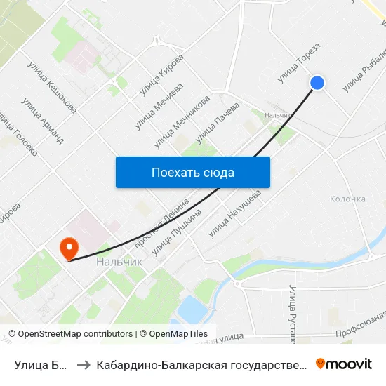 Улица Братьев Кушховых to Кабардино-Балкарская государственная сельскохозяйственная академия имени В.М. Кокова. map