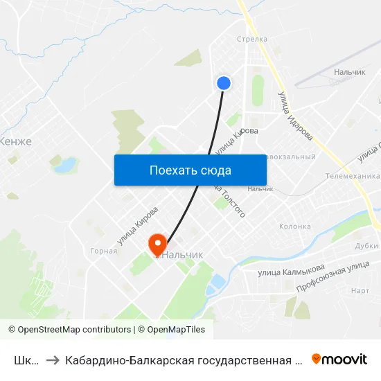 Школа №7 to Кабардино-Балкарская государственная сельскохозяйственная академия имени В.М. Кокова. map