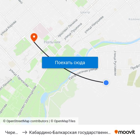 Черекская Улица to Кабардино-Балкарская государственная сельскохозяйственная академия имени В.М. Кокова. map