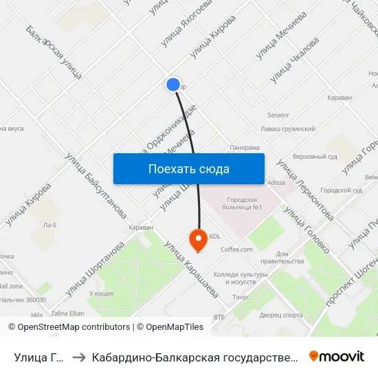Улица Головко / Кирова to Кабардино-Балкарская государственная сельскохозяйственная академия имени В.М. Кокова. map