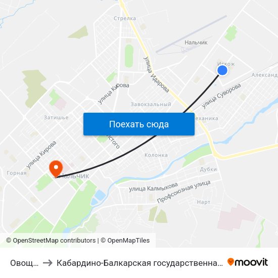 Овощной Рынок to Кабардино-Балкарская государственная сельскохозяйственная академия имени В.М. Кокова. map
