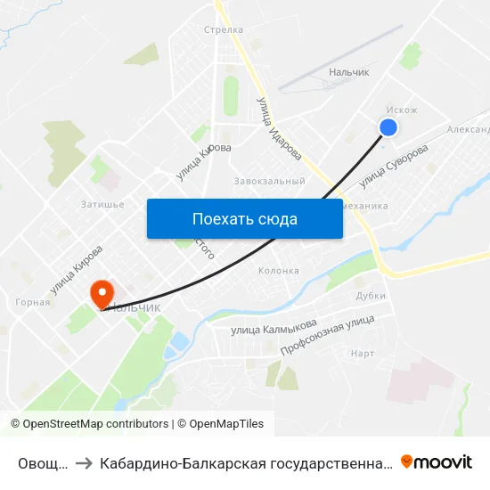 Овощной Рынок to Кабардино-Балкарская государственная сельскохозяйственная академия имени В.М. Кокова. map