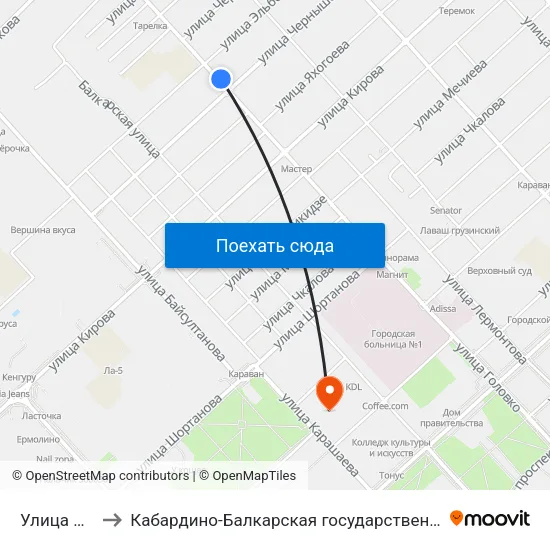 Улица Чернышевского to Кабардино-Балкарская государственная сельскохозяйственная академия имени В.М. Кокова. map