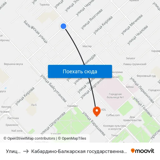 Улица Головко to Кабардино-Балкарская государственная сельскохозяйственная академия имени В.М. Кокова. map