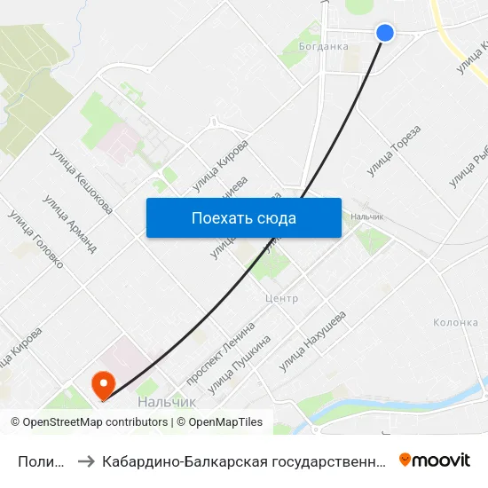 Поликлиника №2 to Кабардино-Балкарская государственная сельскохозяйственная академия имени В.М. Кокова. map
