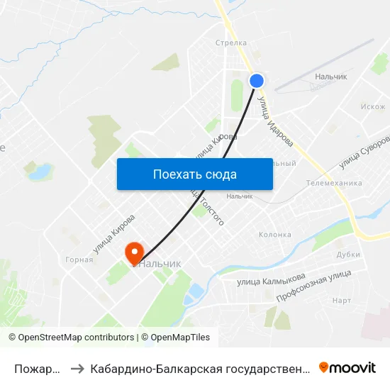 Пожарная Часть №19 to Кабардино-Балкарская государственная сельскохозяйственная академия имени В.М. Кокова. map