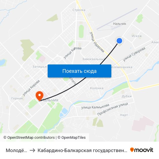 Молодёжная Площадь to Кабардино-Балкарская государственная сельскохозяйственная академия имени В.М. Кокова. map