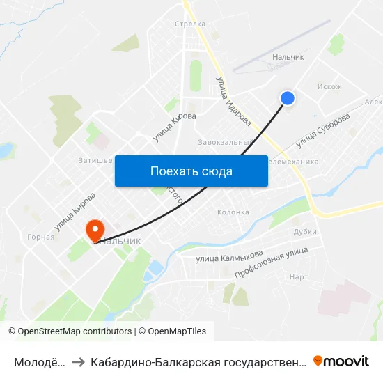 Молодёжная Площадь to Кабардино-Балкарская государственная сельскохозяйственная академия имени В.М. Кокова. map