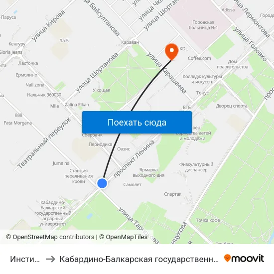 Институт Искусств to Кабардино-Балкарская государственная сельскохозяйственная академия имени В.М. Кокова. map