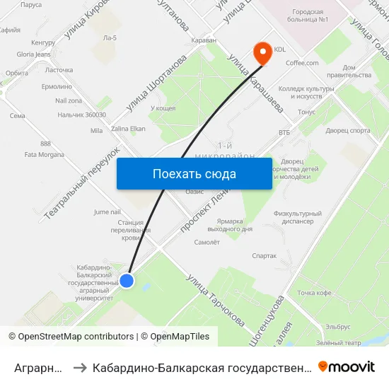 Аграрный Университет to Кабардино-Балкарская государственная сельскохозяйственная академия имени В.М. Кокова. map