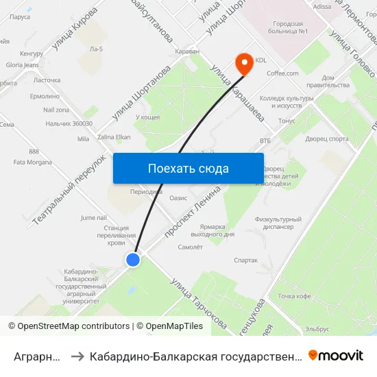 Аграрный Университет to Кабардино-Балкарская государственная сельскохозяйственная академия имени В.М. Кокова. map