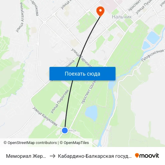 Мемориал Жертвам Репрессий Балкарского Народа to Кабардино-Балкарская государственная сельскохозяйственная академия имени В.М. Кокова. map