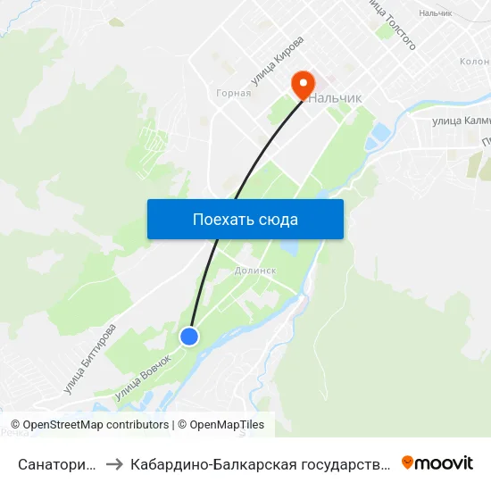 Санаторий Долина Нарзанов to Кабардино-Балкарская государственная сельскохозяйственная академия имени В.М. Кокова. map