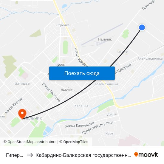 Гипермаркет Маяк to Кабардино-Балкарская государственная сельскохозяйственная академия имени В.М. Кокова. map
